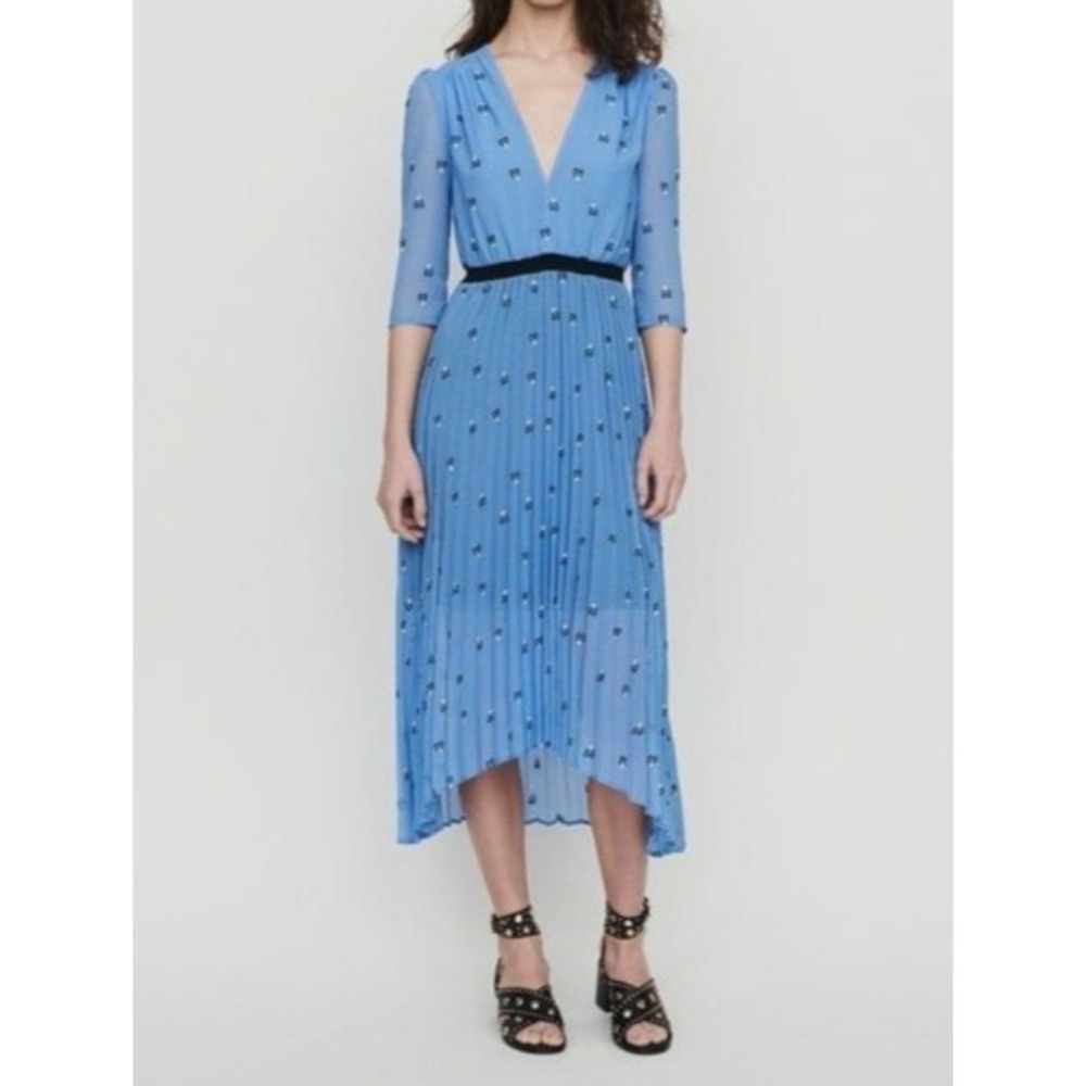Maje Dress Size 3 Rengo Blue Black Hearts Embroidery Asymmetric Pleated Midi